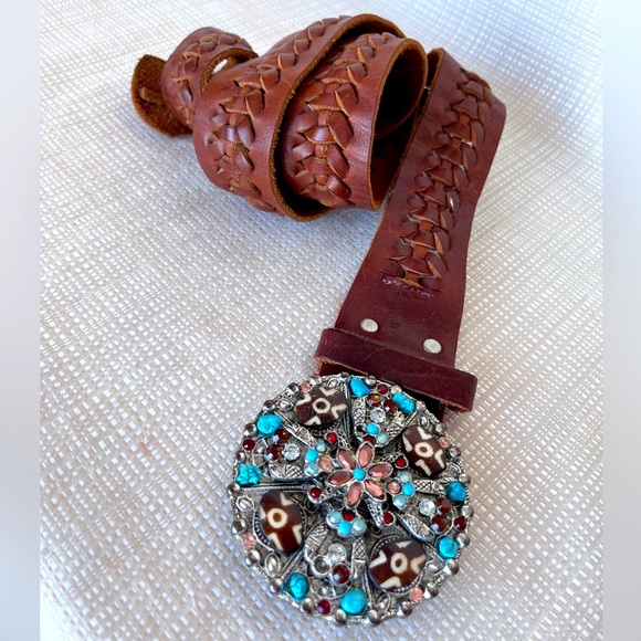 Vintage 80s 90s Leather Statement Belt Silver Rhinestone Boho Western Buckle - Picture 15 of 15